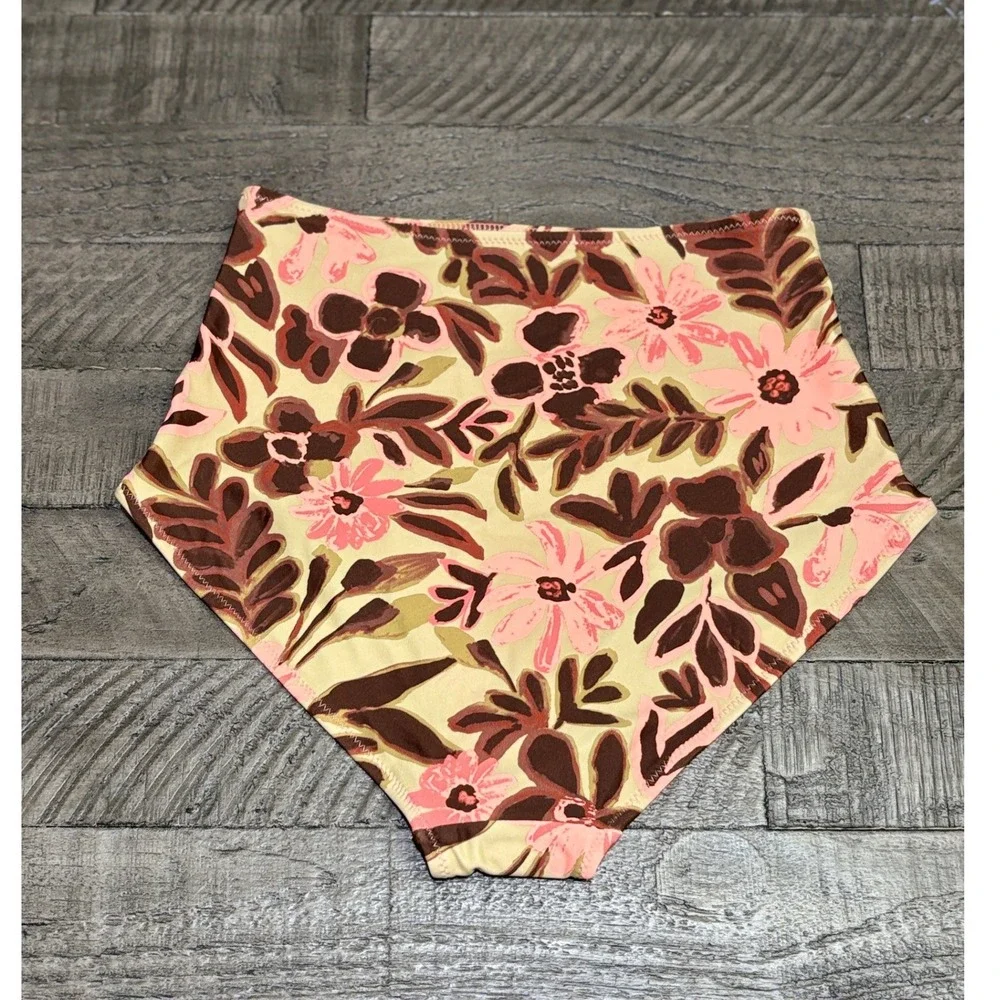 Aerie High Waisted Bikini Bottom XS Floral Tan Pink Brown NWT Real Good